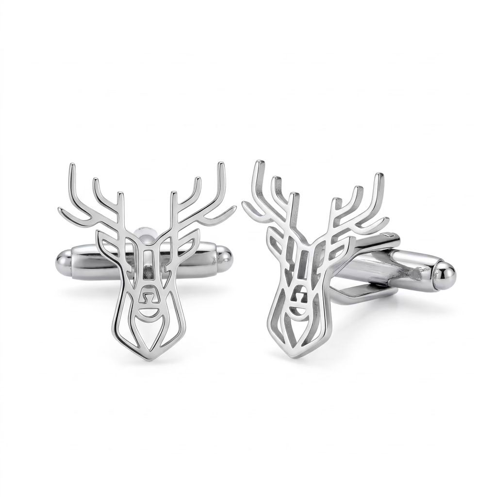 A pair of silver-toned cufflinks shaped like stylized deer heads, shown on a clean white background.