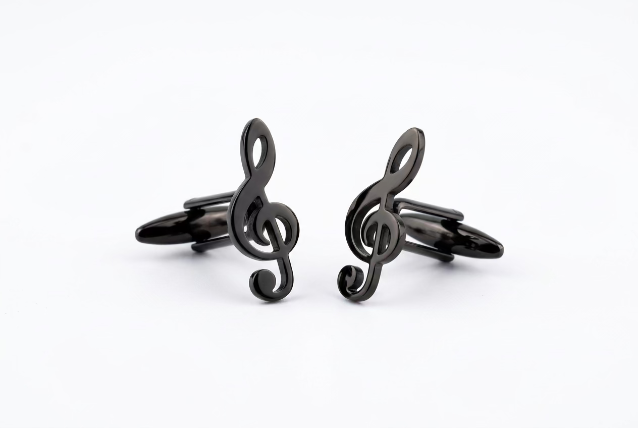 A pair of small black cufflinks shaped like musical treble clefs.