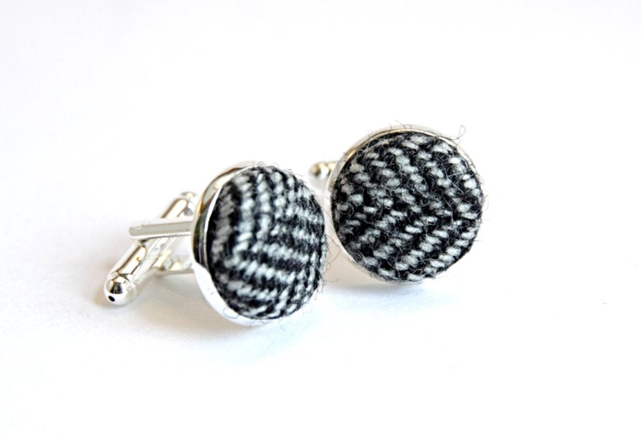 'Crag' Grey Herringbone Tweed Cufflinks image 0